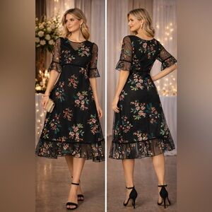 Kiyonna Black Floral Embroidered Mesh Dress Sheer Sleeves Romantic Boho Ex Small